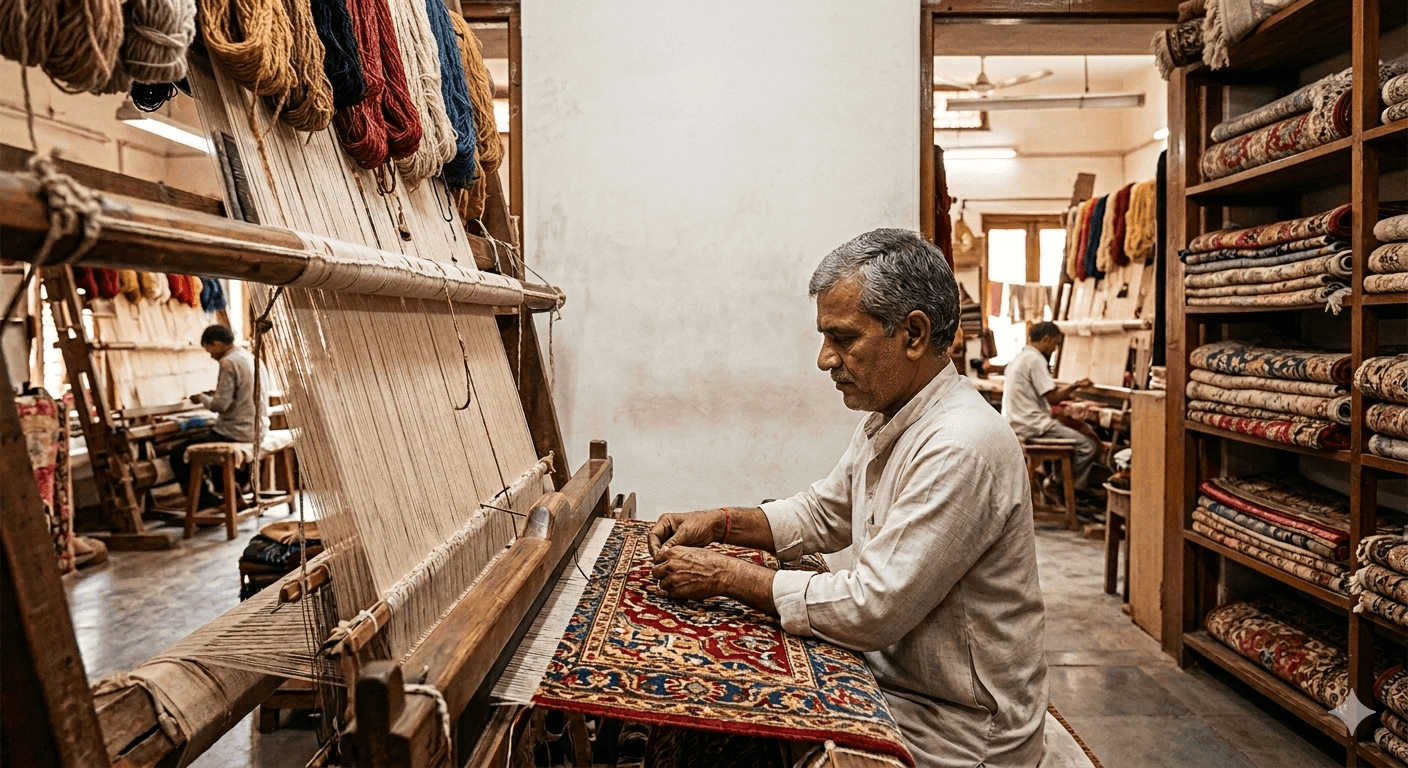 Artisan weaving a rug